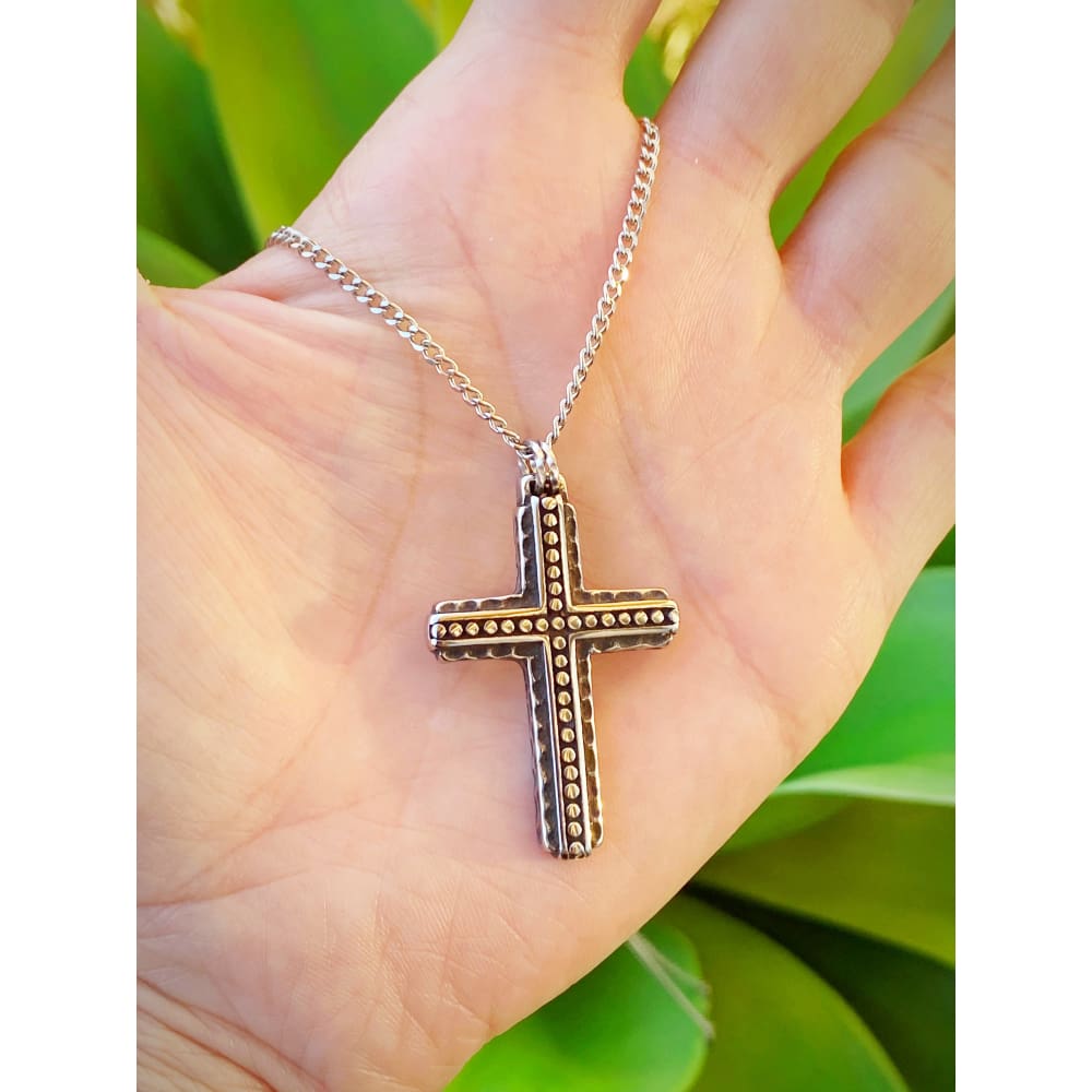 BEADED HAMMERED CROSS NECKLACE
