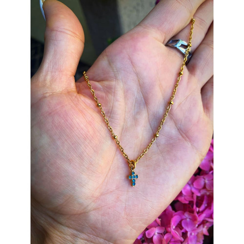 PETITE AQUA CROSS NECKLACE